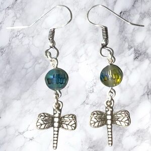 Hand Crafted Earrings Firefly Dragonfly Dangle Silver Pierced Long Faceted Bead